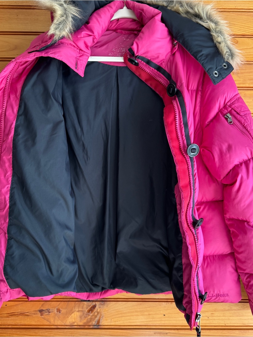 L.L.Bean Down Puffer Jacket L Hot Pink Faux Fur Hood Retro Ski Bunny Winter - Picture 3 of 16